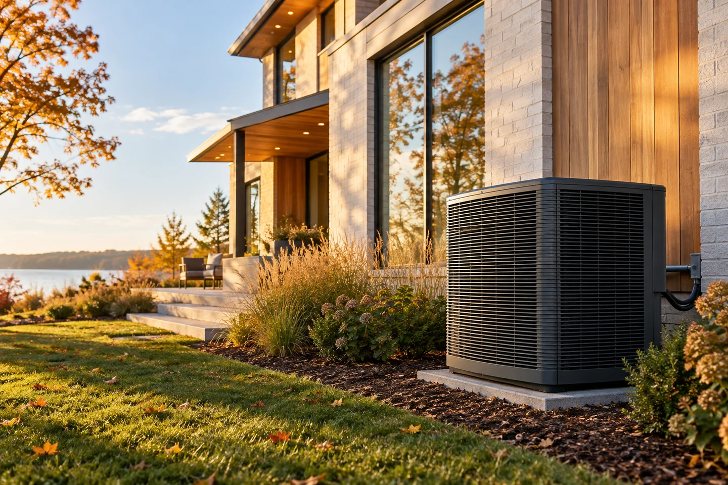 A modern heat pump beside a cedar and brick home in warm autumn light