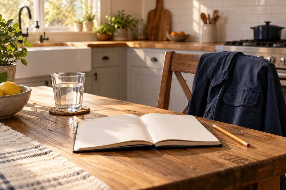Open notebook and pencil on a sunlit kitchen table before a service visit