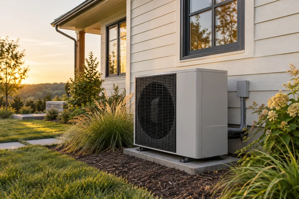 Outdoor heat pump beside a cream-sided home in warm evening light