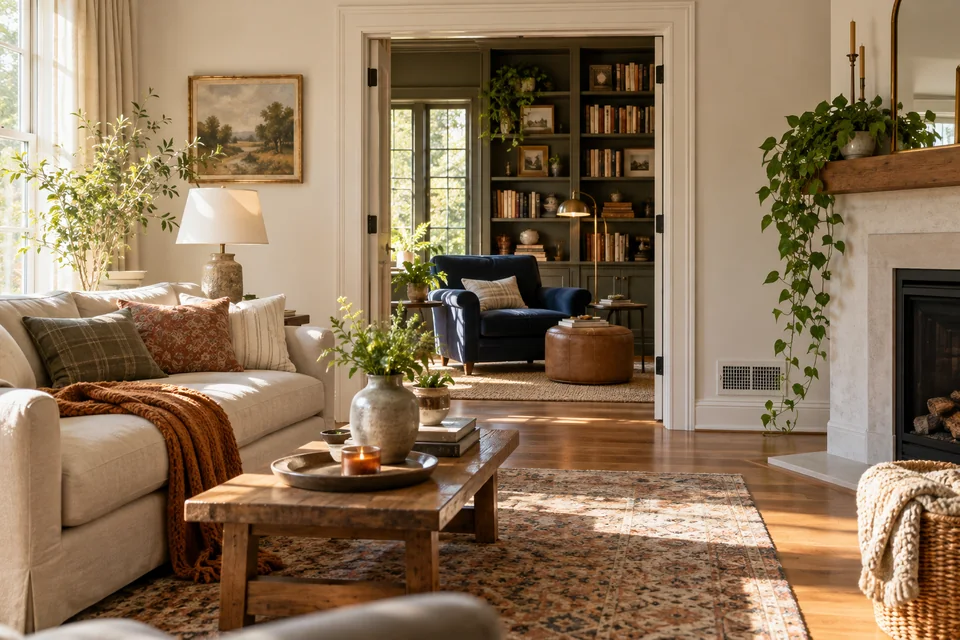 Sunlit living room opening into a cozy reading room with a navy chair